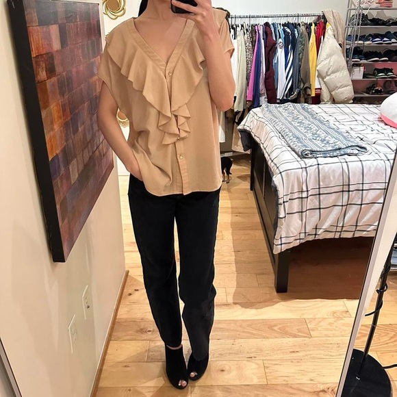 Chic Tan Ruffle V-Neck Blouse - Picture 7 of 7